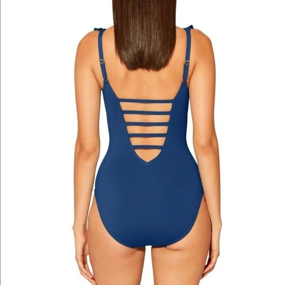 BLEU rod Beattie Women's Navy Stretch Lace-Down Ruffled Moderate One Peice 12 - Picture 2 of 2